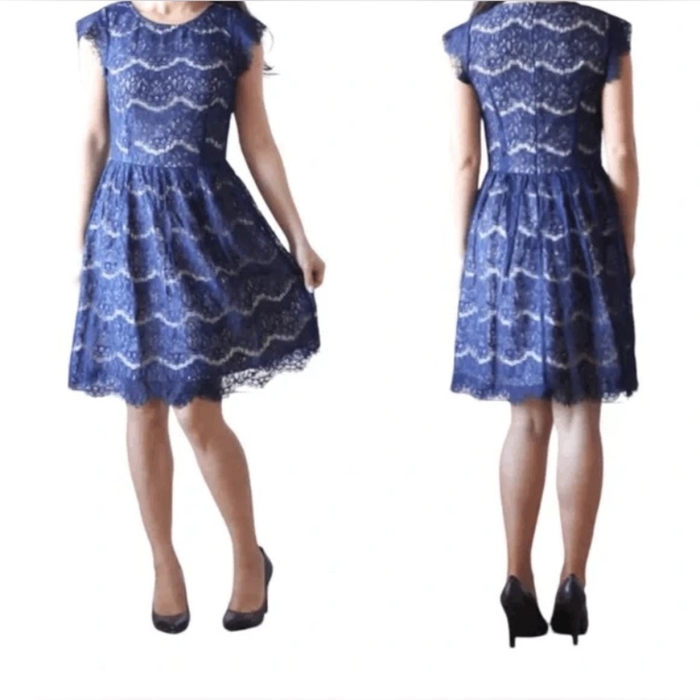Maeve Anthropologie Navy blue tan lined Lace short sleeve Midi Dress size XSmall
